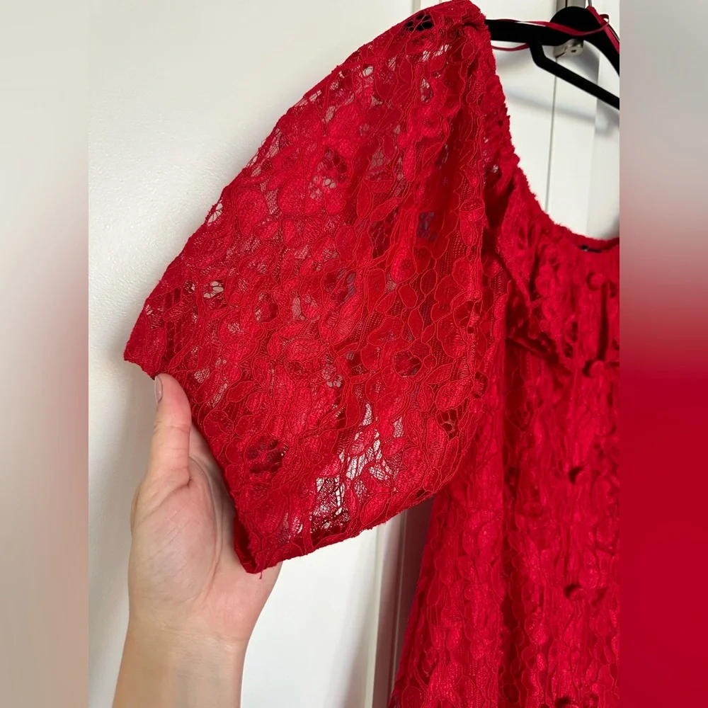 Zara Red Lace Midi Dress Button Down Size M Off-shoulder A Line Dress - Picture 6 of 15